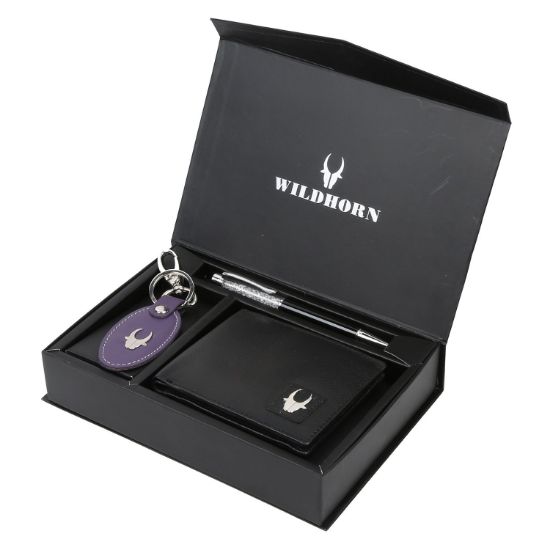 Picture of WildHorn Blue Leather Men's Wallet, Keychain and Pen Combo Set (GIFTBOXMIX)