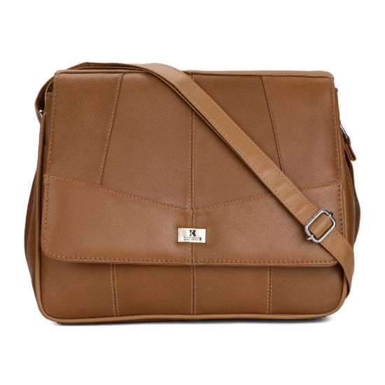 Picture of K London Triple Zipped Section Handbag, Ladies Leather Cross Body Shoulder Bag with 6 Pockets and Single Adjustable Strap - Designer Handbags (KL_975_Tan)