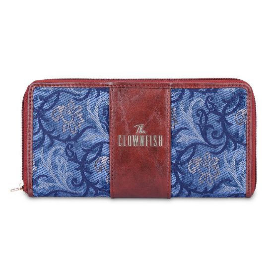 Picture of THE CLOWNFISH Aria Collection Tapestry Fabric & Faux Leather Zip Around Style Womens Wallet Clutch Ladies Purse with Card Holders (Blue- Floral)