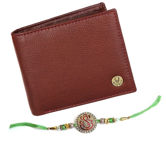 Picture of WILDHORN Men's Leather Wallet, and Rakhi Combo Set for Brother (Maroon)