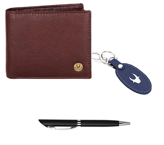 Picture of WildHorn Leather Wallet Keychain & Pen Combo for Men I Gift Hamper (GIFT2055+BLK S+BLU Kring)