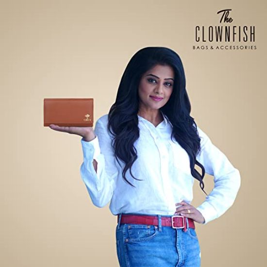 Picture of The Clownfish Elsa Collection Genuine Leather Tri-Fold Womens Wallet Clutch Ladies Purse with Multiple Card Slots & ID Card Windows (Tan)