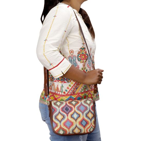 Picture of THE CLOWNFISH Garnet Series Printed Handicraft Fabric & Tapestry Crossbody Sling Bag for Women Ladies Single Shoulder Bag Shoulder Belt (Multicolour-Design)