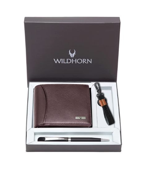 Picture of WildHorn Gift Hamper for Men I Leather Wallet, Keychain & Pen Combo Gift Set I Gift for Friend, Boyfriend,Husband,Father, Son etc (Brown M)