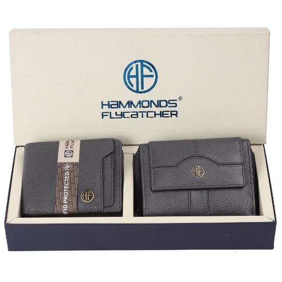 Picture of HAMMONDS FLYCATCHER Leather Wallet Combo Gift Set - Men's and Women's Black Wallets with Multiple Card Slots - Perfect for Anniversary, Marriage Gifts and Special Occasions - Grey