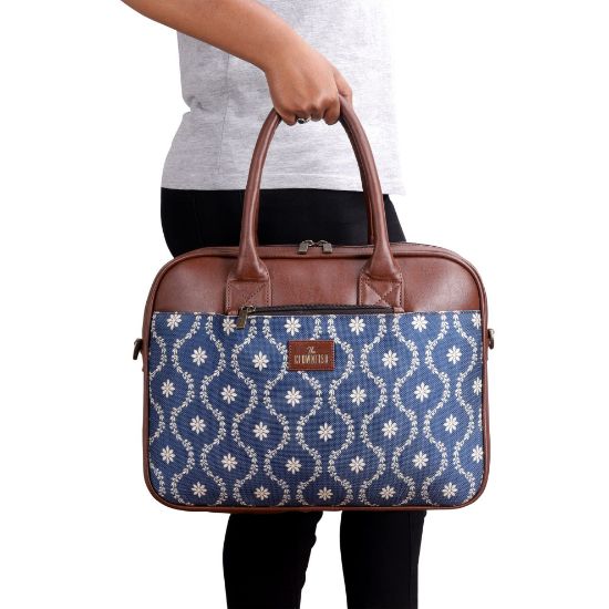 Picture of THE CLOWNFISH Deborah series 15.6 inch Laptop Bag For Women Printed Handicraft Fabric & Faux Leather Office Bag Briefcase Messenger Sling Handbag Business Bag (Royal Blue)