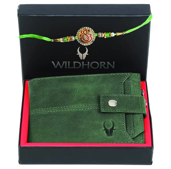 Picture of WildHorn Top Grain Leather Wallet for Men | Ultra Strong Stitching | Handcrafted | RFID Blocking | Zip Wallet with 9 Card Slots | 2 ID Slots (Green Wallet + Rakhi)