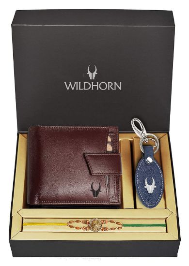Picture of WildHorn Maroon Leather Men's Wallet, Keyring and Rakhi Combo Set (RAKHIGIFTBOX-MAROON-2066A)