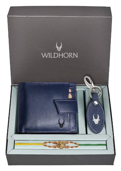 Picture of WILDHORN Rakhi Gift Hamper for Brother - Classic Men's Combo / Gift Set of Leather Wallet, Keyring and Rakhi for Brother