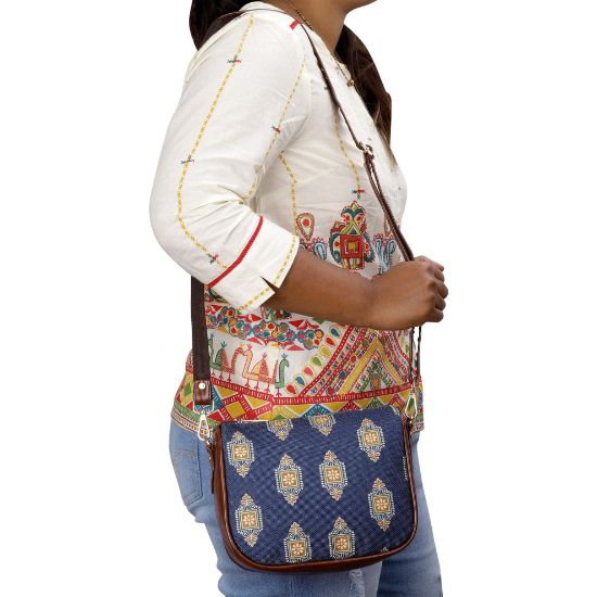 Picture of THE CLOWNFISH Garnet Series Printed Handicraft Fabric & Tapestry Crossbody Sling Bag for Women Ladies Single Shoulder Bag Shoulder Belt (Dark Blue)