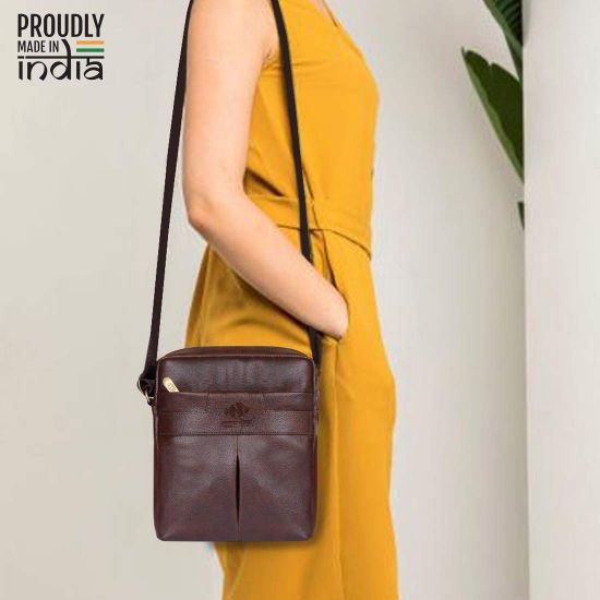 Picture of THE CLOWNFISH Royal Vegan Leather Unisex Office Sling Bag Crossbody Bag (Dark Brown)