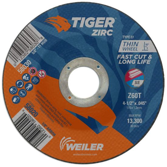 Picture of Weiler® 4-1/2 X 045 Tiger Zirc Ty27 C-O Whl   7/8 Ah Part# - 58020