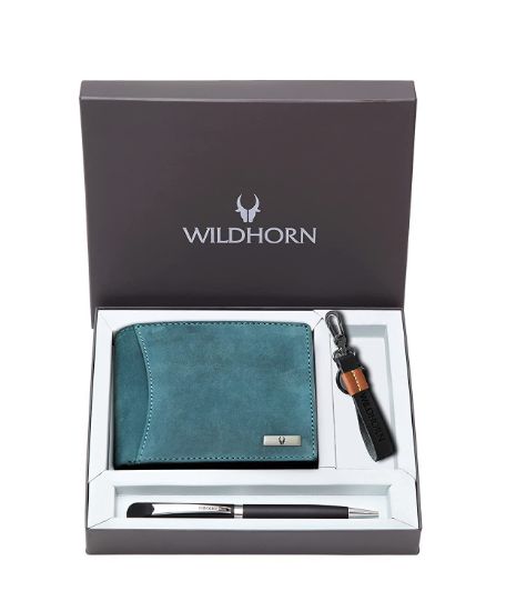 Picture of WildHorn Gift Hamper for Men I Leather Wallet, Keychain & Pen Combo Gift Set I Gift for Friend, Boyfriend,Husband,Father, Son etc (Blue H M)