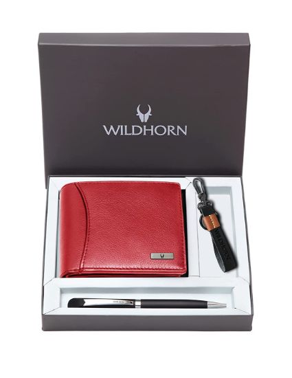 Picture of WildHorn Gift Hamper for Men I Leather Wallet, Keychain & Pen Combo Gift Set I Gift for Friend, Boyfriend,Husband,Father, Son etc (Red M)