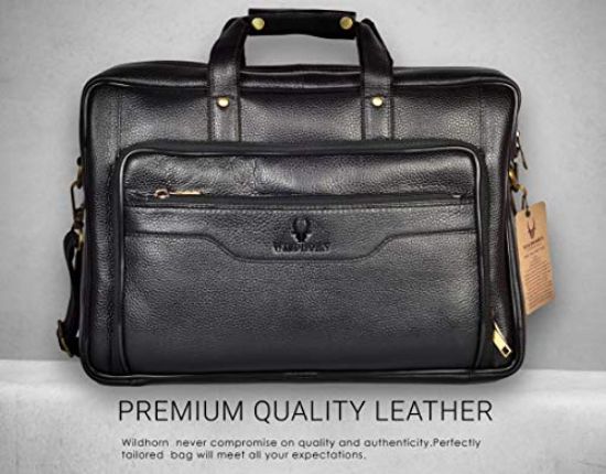 Picture of Wildhorn Genuine Leather Black 16 inch Briefcase Laptop Bag for Men with Padded Compartment | Leather Travel Bag with Laptop Compartment (MB583 BLACK)