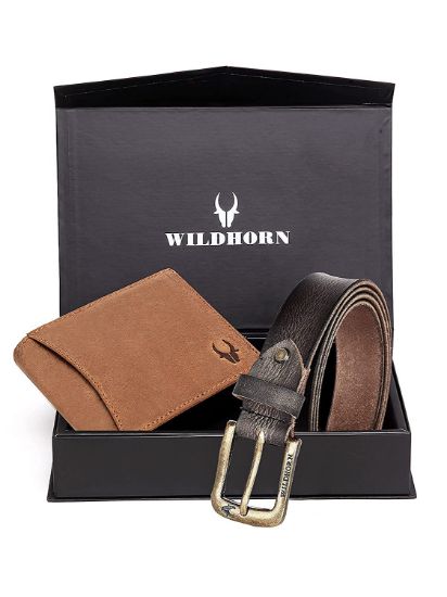 Picture of WildHorn Rakhi Gift Set for Brother - Premium Men's Combo | Gift Set of Leather Wallet & Belt & Rakhi for Brother (TAN HUNTER001)