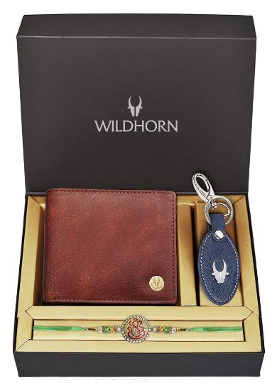 Picture of WildHorn Rakhi Gift Hamper for Brother - Classic Men's Combo/Gift Set of Leather Wallet, Keyring and Rakhi for Brother