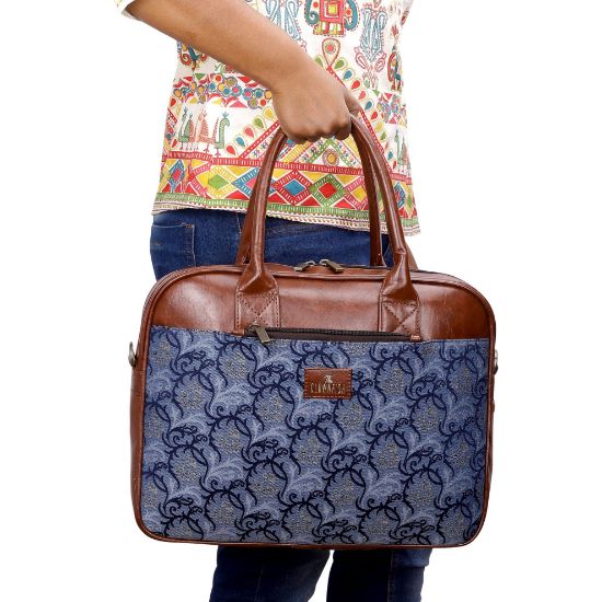 Picture of THE CLOWNFISH Deborah series 15.6 inch Laptop Bag For Women Tapestry Fabric & Faux Leather Office Bag Briefcase Messenger Sling Handbag Business Bag (Blue-Floral)