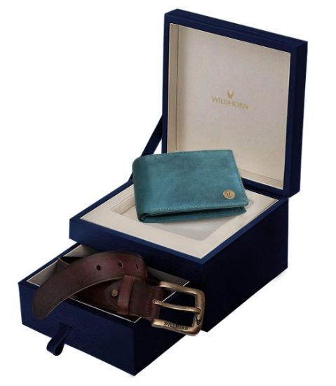 Picture of WildHorn Gift Hamper for Men I Leather Wallet & Belt Combo Gift Set I Gift for Friend, Boyfriend,Husband,Father, Son etc (New Blue Hunter)