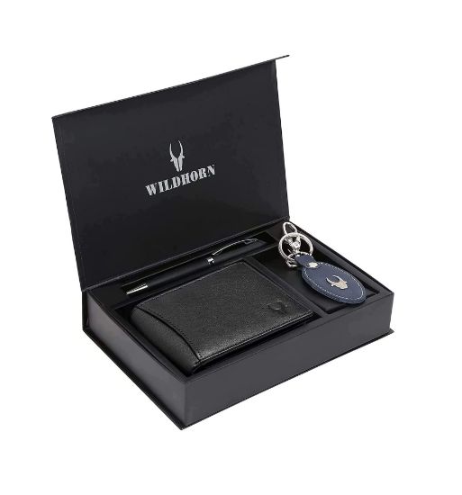 Picture of WildHorn Black Leather Men's Wallet, Keychain and Pen Combo Set (Rakhi PWK Combo 1173)