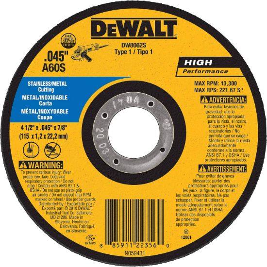 Picture of Dewalt® 4-1/2" X.045 X 7/8" Cfree Thin Cutoff Wheel Part# - Dw8062S