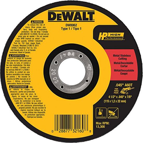 Picture of Dewalt® 4-1/2"X.045"X7/8" Metalthincut-Off Wheel Type-1 Part# - Dw8062