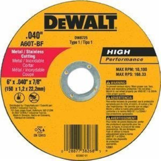 Picture of Dewalt® 6"X.040"X7/8" A60T Metalthin Cutoff Wheel Type1 Part# - Dw8725