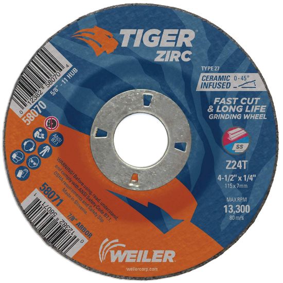 Picture of Weiler® 4-1/2 X 1/4 Tiger Zircty27 Grind Whl   7/8 Ah Part# - 58071