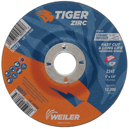 Picture of Weiler® 5 X 1/4 Tiger Zirc Ty27Grind Whl  7/8 Ah Part# - 58073