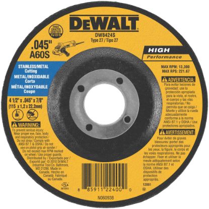 Picture of Dewalt® 4-1/2" X.045 X 7/8" Cfree Thin Cutoff Wheel  Dcw Part# - Dw8424S