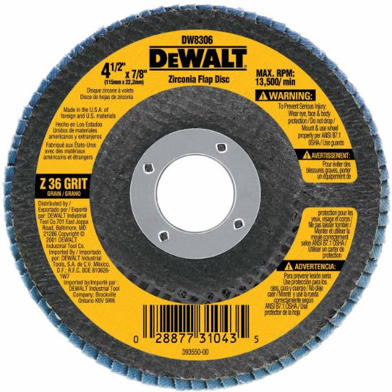 Picture of Dewalt® 4-1/2" X 7/8" 36 Grit Zirconia Flap Disc Wheel Part# - Dw8306