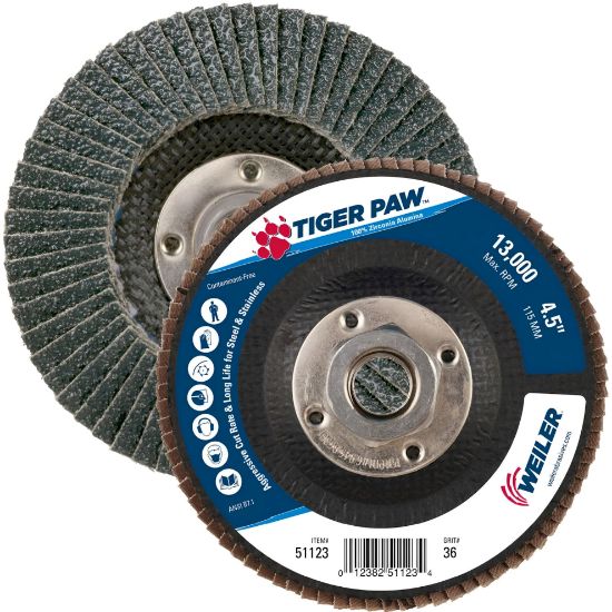 Picture of Weiler® 4-1/2" Tiger Paw Abrasive Flap Disc- Angled- 36Z Part# - 51123