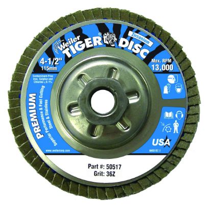 Picture of Weiler® 4-1/2" Tiger Flap Disc 5/8"-11 Nut Angled Alum Part# - 50517