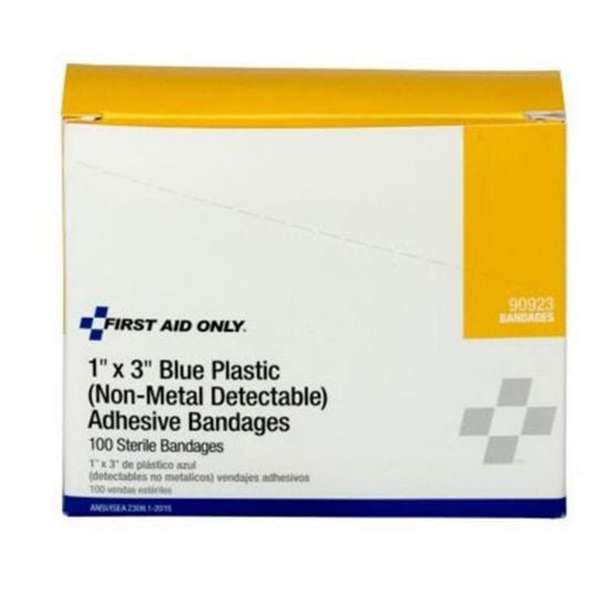 Picture of First Aid Only® 1"X3" Plastic Bandages Blue  100/Box Part# - 90923-020