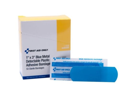 Picture of First Aid Only® Blue Metal Detectable 1"X3" Plastic Bandages  50 Part# - 1-658-020