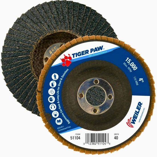 Picture of Weiler® 4" Tiger Paw Abrasive Flap Disc- Angled-40Z- 5/8 Part# - 51104