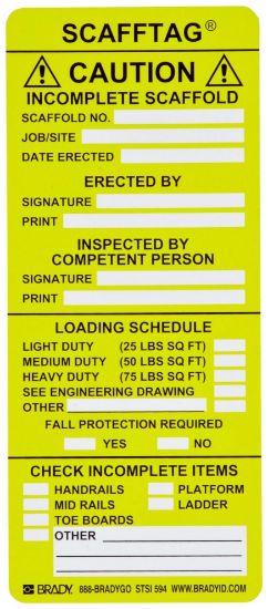 Picture of Brady® Scafftag Std Inserts 3 1/4X7 5/8 Yellow Part# - 104114