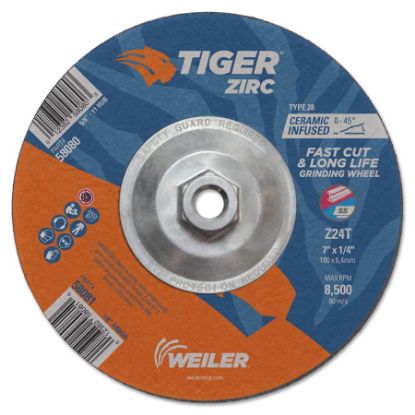 Picture of Weiler® 7 X 1/4 Tiger Zirc T28 Grind Wheel  Z24T  5/8-11 Part# - 58080