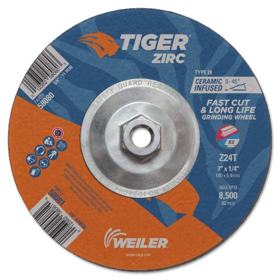 Picture of Weiler® 7 X 1/4 Tiger Zirc T28 Grind Wheel  Z24T  5/8-11 Part# - 58080