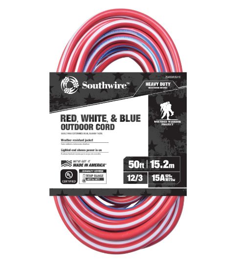 Picture of Southwire 12/3 50' Sjtw Red- White& Blue Made In Usa Cord Part# - 2548Swusa1