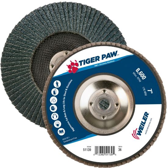 Picture of Weiler® 7" Tiger Paw Abrasive Flap Disc- Flat-36Z- 5/8"- Part# - 51139