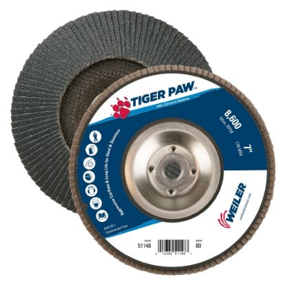 Picture of Weiler® 7" Tiger Paw Abrasive Flap Disc- Angled-80Z-5/8" Part# - 51148