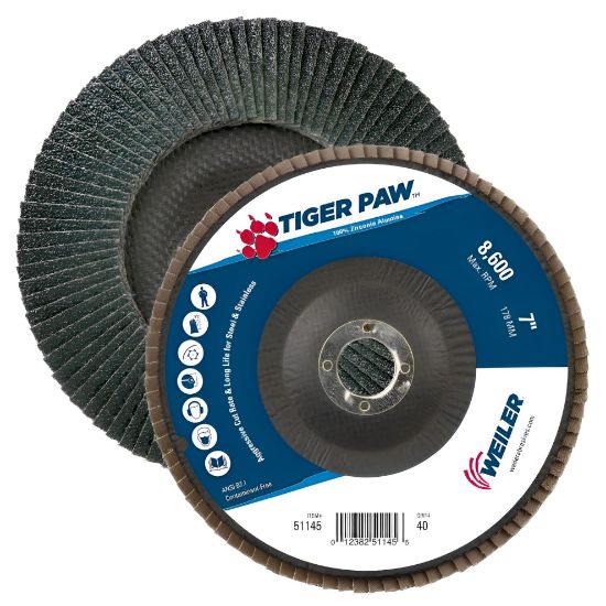 Picture of Weiler® 7" Tiger Paw Abrasive Flap Disc- Angled-40Z-7/8" Part# - 51145