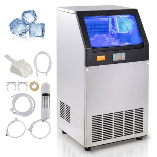 Picture of VEVOR 110V Commercial Ice Maker Machine 90LBS/24H with 24LBS Bin, Stainless Steel Automatic Operation Under Counter Ice Machine for Home Bar, Include Water Filter, Scoop, Connection Hose