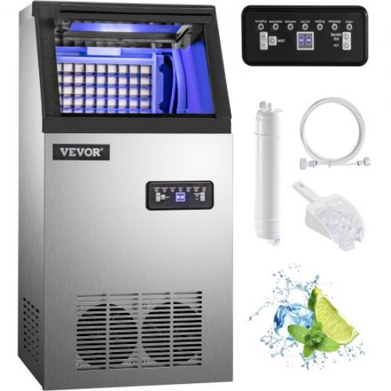 Picture of VEVOR 110V Commercial Ice Maker 120LBS/24H with 22LBs Storage Ice Maker Machine Stainless Steel Portable Automatic Ice Machine with Scoop and Connection Hoses Perfect for Restaurants Bars Cafe