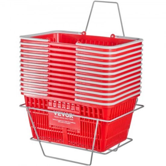 Picture of VEVOR 6PCS Shopping Carts, Plastic Rolling Shopping Basket with Wheels, Red Shopping Baskets with Handles, Portable Shopping Basket Set for Retail Store