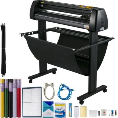 Picture of VEVOR Vinyl Cutter Machine, 28 Inch Paper Feed Cutting Plotter Bundle, Adjustable Force & Speed Vinyl Printer, LCD Display Windows Compatible Sign Making kit w/Signmaster, Sturdy Stand, 3Blades, White