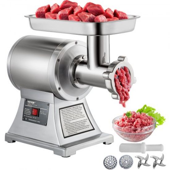 Picture of VEVOR Commercial Meat Grinder,550LB/h 1100W Electric Meat Grinder, 220 RPM Heavy Duty Stainless Steel Industrial Meat Mincer w/2 Blades, Grinding Plates & Stuffing Tubes