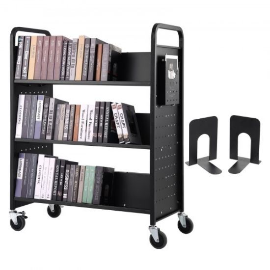 Picture of VEVOR Book Cart, 200lbs Library Cart, 30x14x49 Inch Rolling Book Cart Single Sided L-Shaped Flat Shelves with 4 Inch Lockable Wheels for Home Shelves Office and School Book Truck in Black