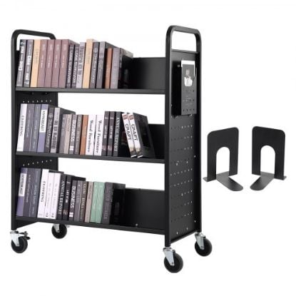 Picture of VEVOR Book Cart, 200lbs Library Cart, 30x14x49 Inch Rolling Book Cart Single Sided L-Shaped Flat Shelves with 4 Inch Lockable Wheels, for Home Shelves Office and School Book Truck in White